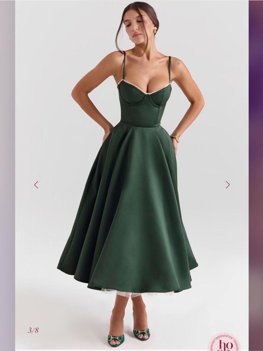 HOUSE OF CB "Mademoiselle" Forest Green Satin Tulle Midi Dress NWOT